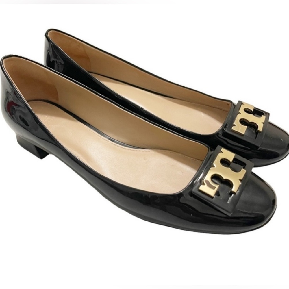 Tory Burch Gigi Pumps Sott Patent Calf Leather In Black EUC Size 9.5